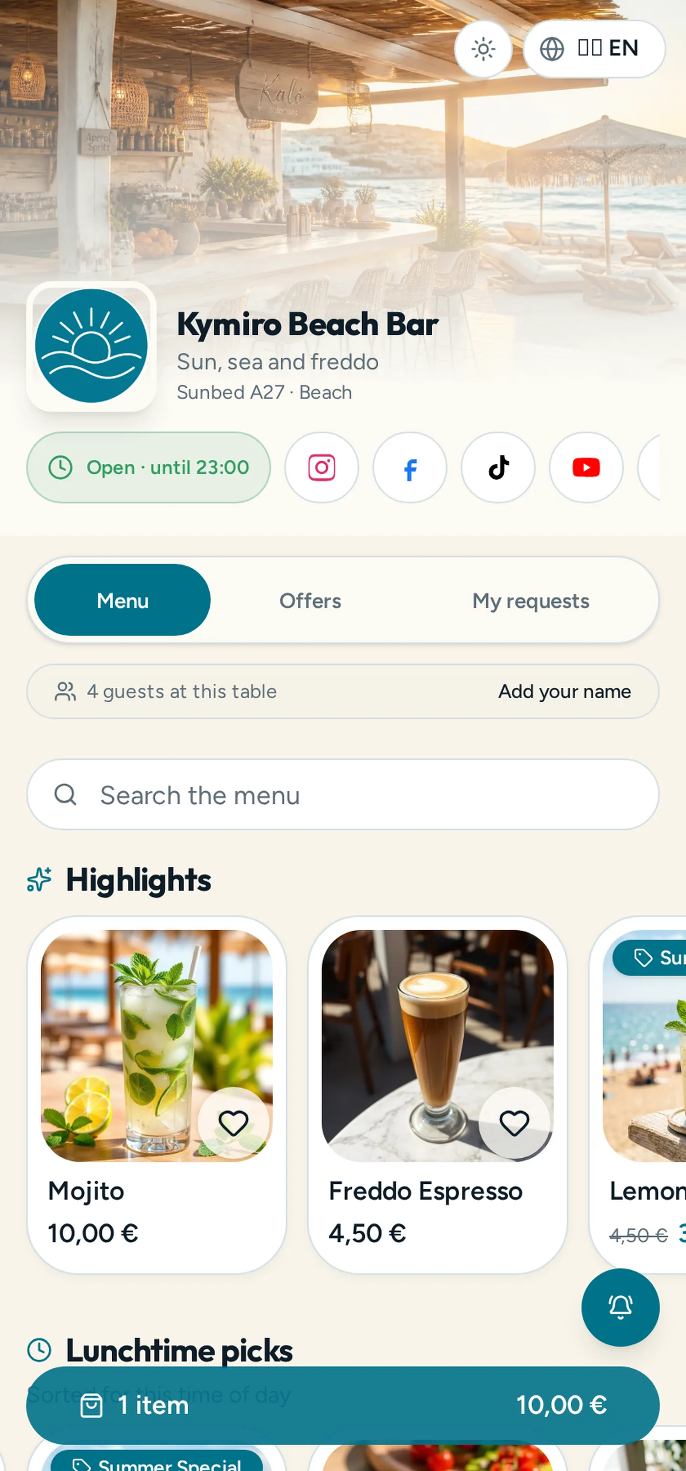 Guest view of the Kymiro menu on a phone