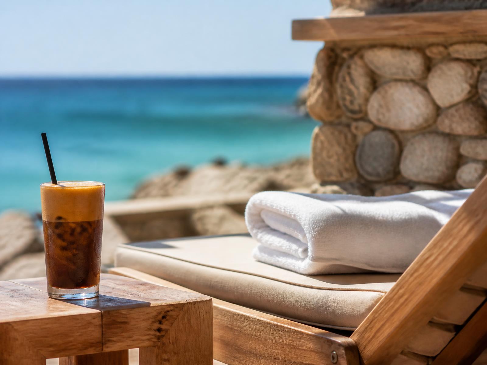 Freddo espresso beside a sunbed at a Greek beach bar